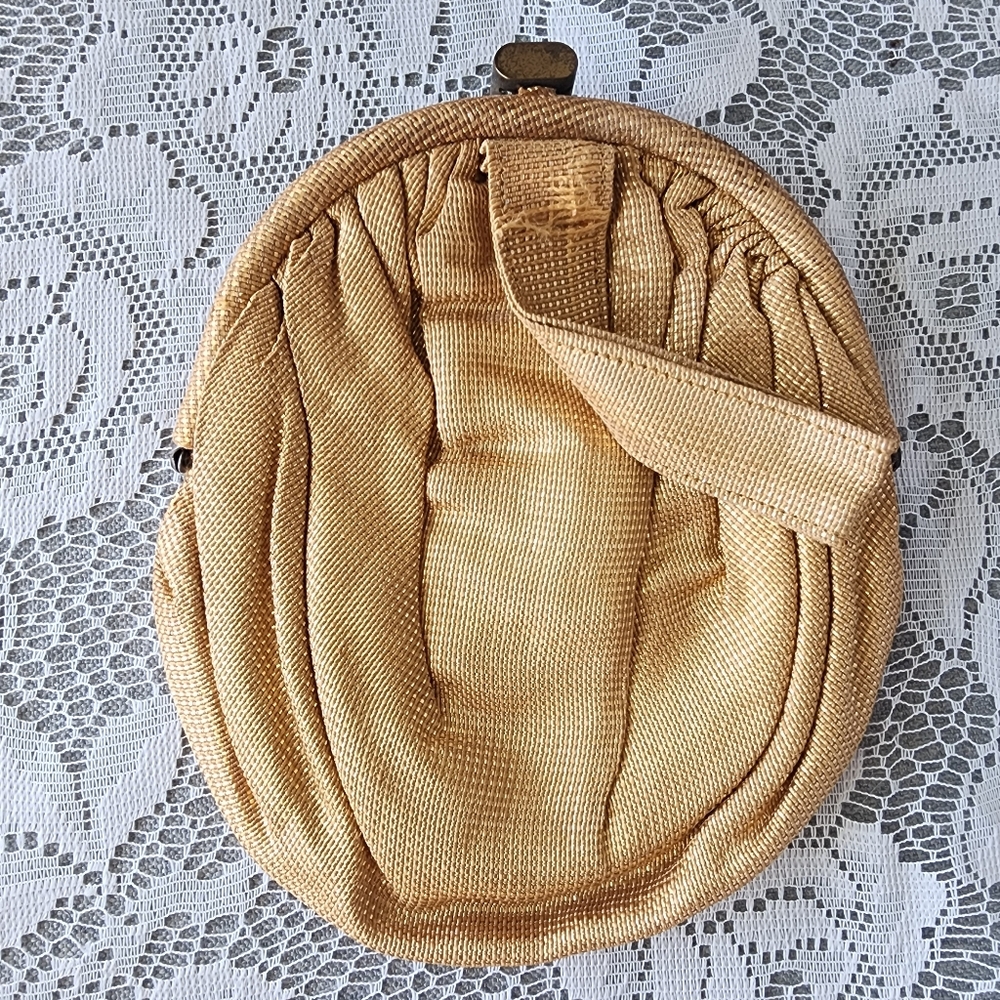 Vintage 1940s Gold Satin Evening Coin Purse Wristlet Clutch Old Hollywood Glam